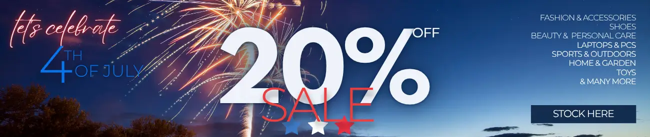 HAPPY 4TH OF JULY: 20% OFF WEEKEND SALE. Fashion, Shoes, Accessories, Laptops & PCs, Sports, Beauty, Home & Garden, Toys & many more to STOCK NOW!